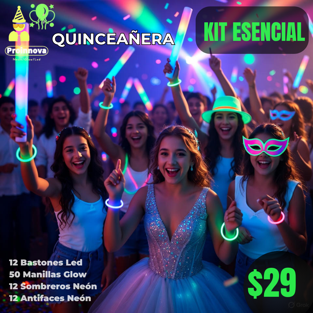 Kit Quinceañera: 12 bastones LED, 50 pulseras glow, 12 sombreros y antifaces neón – ¡Anima la fiesta!